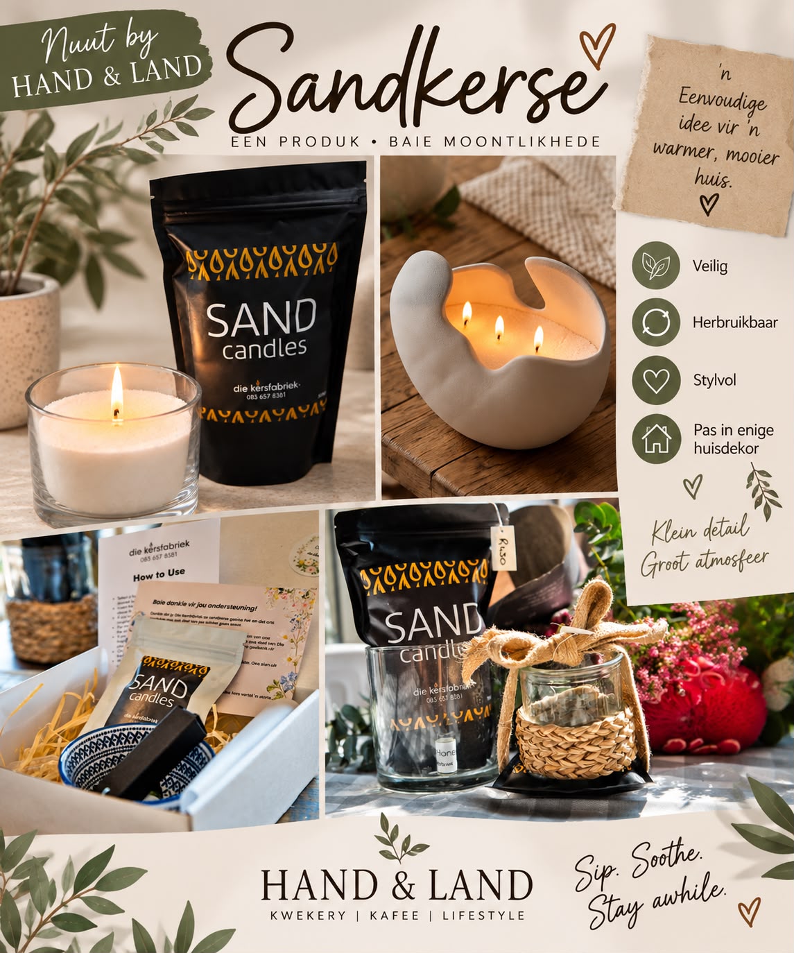 Sandkerse sand candle kit by Die Kersfabriek, boxed with a lit sample candle